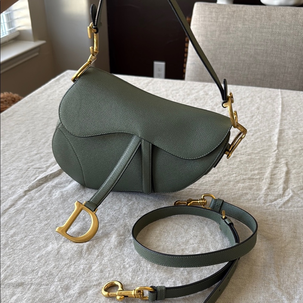 Dior Green Saddle Bag with Gold Accents medium size